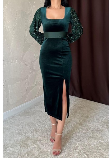 Zümrüt Pul Payetli Kadife Elbise modelleri