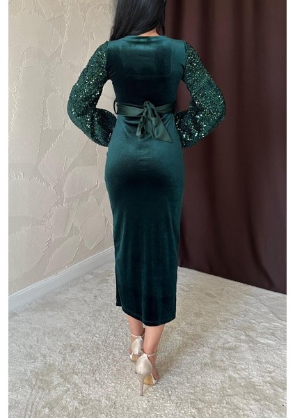 Zümrüt Pul Payetli Kadife Elbise fırsatları