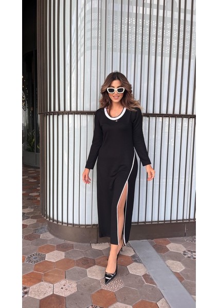 Kadın Uzun Kollu Yuvarlak Ribana Yaka Yırtmaçlı Uzun Viskon Iki Iplik Elbise fiyatları