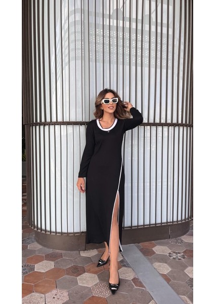 Kadın Uzun Kollu Yuvarlak Ribana Yaka Yırtmaçlı Uzun Viskon Iki Iplik Elbise modelleri