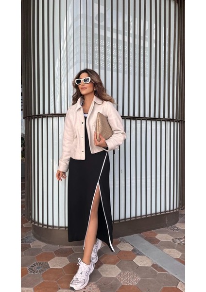 Kadın Uzun Kollu Yuvarlak Ribana Yaka Yırtmaçlı Uzun Viskon Iki Iplik Elbise indirimleri