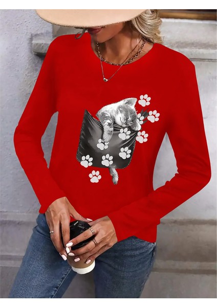 Kadın Uzun Kollu Bisiklet Yaka Desenli Viskon Bluz