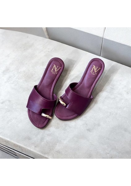 Bordo Karartmalı Hakiki Deri Tokalı Parmak Arası Kadın Şık ve Rahat Terlik