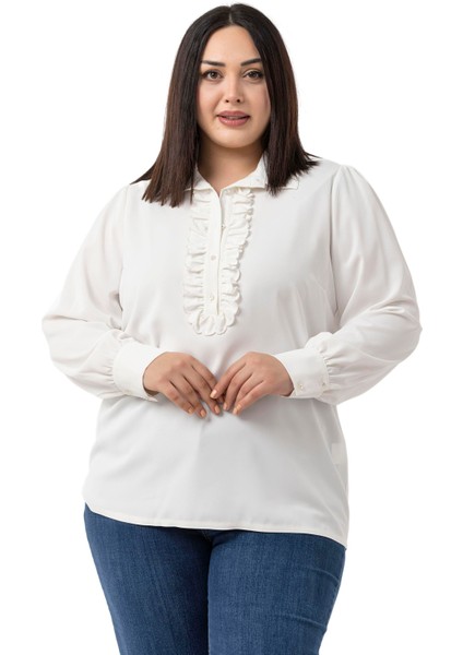 Büyük Beden Önü Fırfır Detaylı Gömlek Yaka Manşetli Beyaz Gömlek