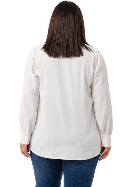 Büyük Beden Önü Fırfır Detaylı Gömlek Yaka Manşetli Beyaz Gömlek modelleri