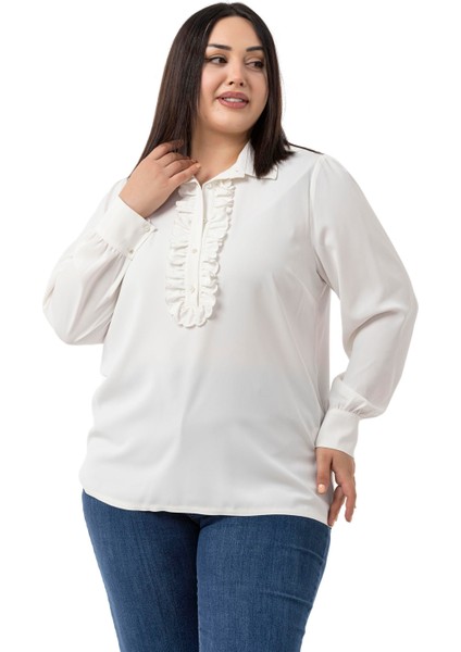 Büyük Beden Önü Fırfır Detaylı Gömlek Yaka Manşetli Beyaz Gömlek fırsatları