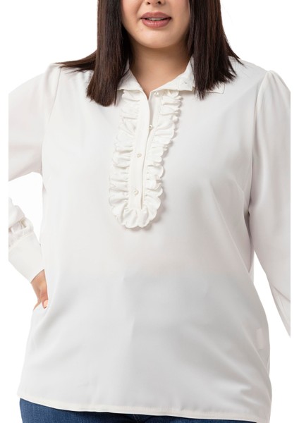 Büyük Beden Önü Fırfır Detaylı Gömlek Yaka Manşetli Beyaz Gömlek indirimleri