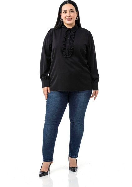 Büyük Beden Önü Fırfır Detaylı Gömlek Yaka Manşetli Siyah Gömlek fiyatları