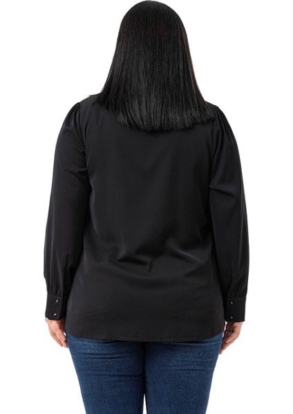 Büyük Beden Önü Fırfır Detaylı Gömlek Yaka Manşetli Siyah Gömlek modelleri