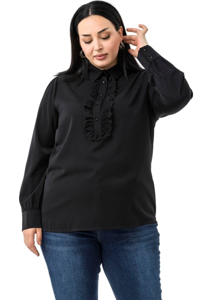 Büyük Beden Önü Fırfır Detaylı Gömlek Yaka Manşetli Siyah Gömlek fırsatları