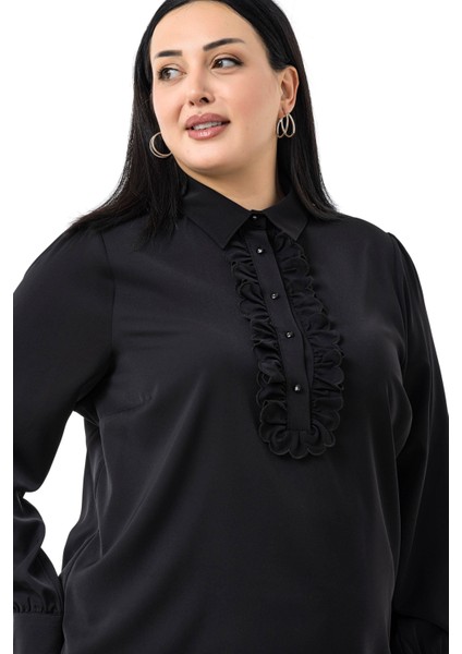 Büyük Beden Önü Fırfır Detaylı Gömlek Yaka Manşetli Siyah Gömlek indirimleri
