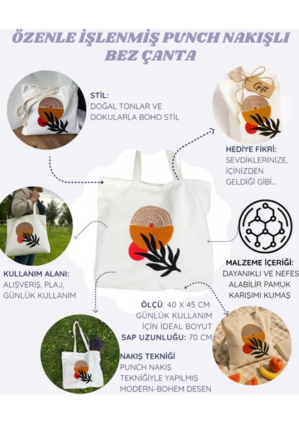 Punch Nakışlı Şık Bez Çanta – Doğal ve Modern Tasarım - 45X40CM - 1 Adet fiyatları