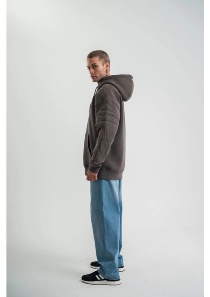 Double Oversize Kapşonlu Nakışlı Sweatshirt - Füme modelleri