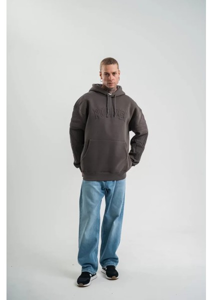 Double Oversize Kapşonlu Nakışlı Sweatshirt - Füme fırsatları
