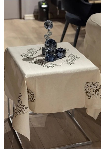 El Baskılı Doğal Pamuk Keten Fiskos Örtüsü (105X105 Cm) Şık Tasarım