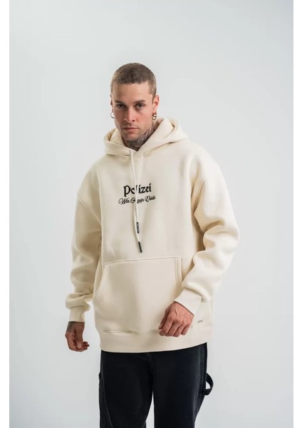 Polızeı Premium Kalite Kapşonlu Dijital Patchli Sweatshirt - Krem