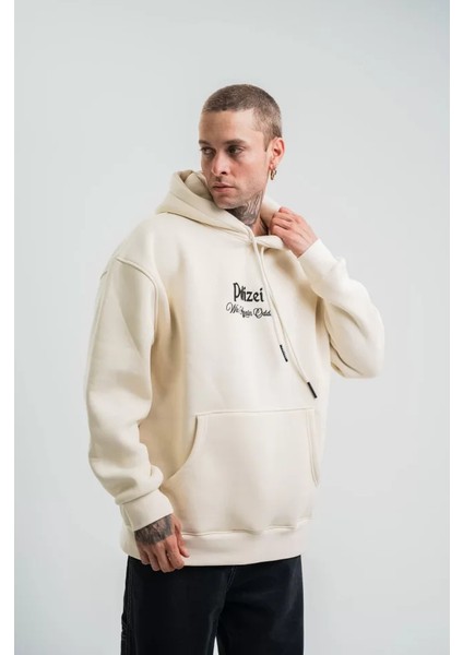Polızeı Premium Kalite Kapşonlu Dijital Patchli Sweatshirt - Krem fırsatları