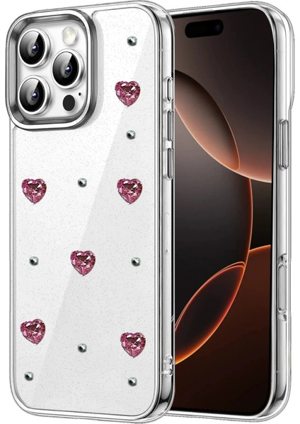 Apple iPhone 16 Pro Uyumlu Kılıf Fiyonk Desenli Sert Şeffaf Simli Kamera Çıkıntılı Gümüş Parlak Kapak
