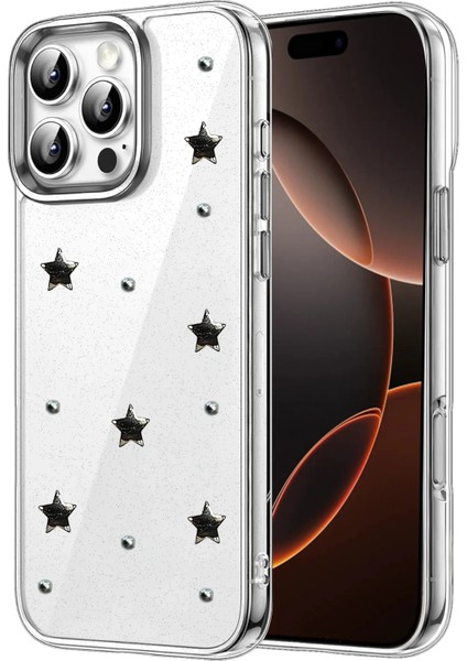 Apple iPhone 16 Pro Uyumlu Kılıf Fiyonk Desenli Sert Şeffaf Simli Kamera Çıkıntılı Gümüş Parlak Kapak