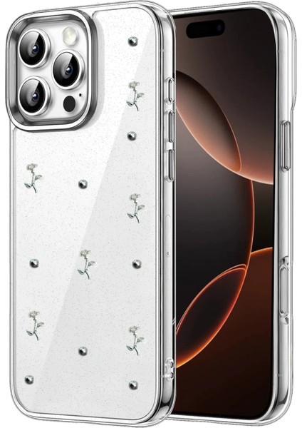 Apple iPhone 16 Pro Uyumlu Kılıf Fiyonk Desenli Sert Şeffaf Simli Kamera Çıkıntılı Gümüş Parlak Kapak