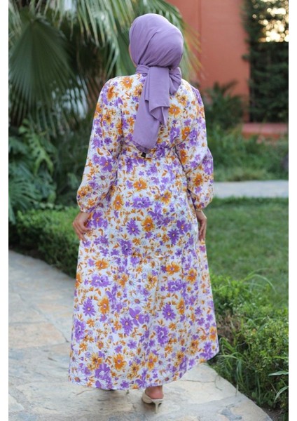 Kadın Uzun Çiçek Yaprak Desenli Belden Bağlamalı Elbise fiyatları