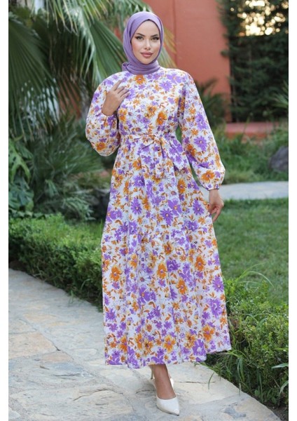 Kadın Uzun Çiçek Yaprak Desenli Belden Bağlamalı Elbise modelleri