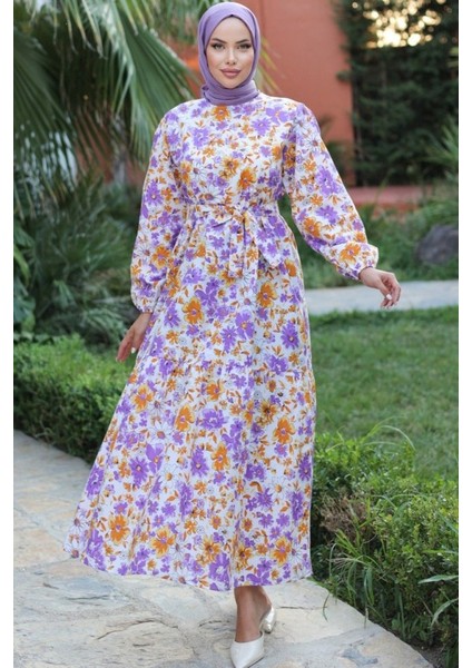 Kadın Uzun Çiçek Yaprak Desenli Belden Bağlamalı Elbise indirimleri