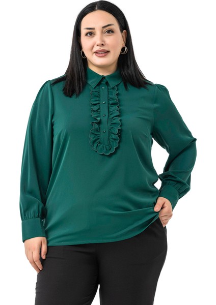 Büyük Beden Önü Fırfır Detaylı Gömlek Yaka Manşetli Zümrüt Yeşili Gömlek