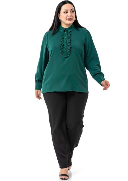 Büyük Beden Önü Fırfır Detaylı Gömlek Yaka Manşetli Zümrüt Yeşili Gömlek fiyatları