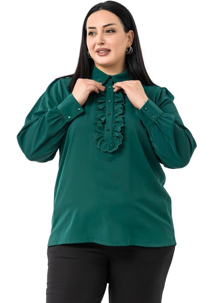 Büyük Beden Önü Fırfır Detaylı Gömlek Yaka Manşetli Zümrüt Yeşili Gömlek fırsatları