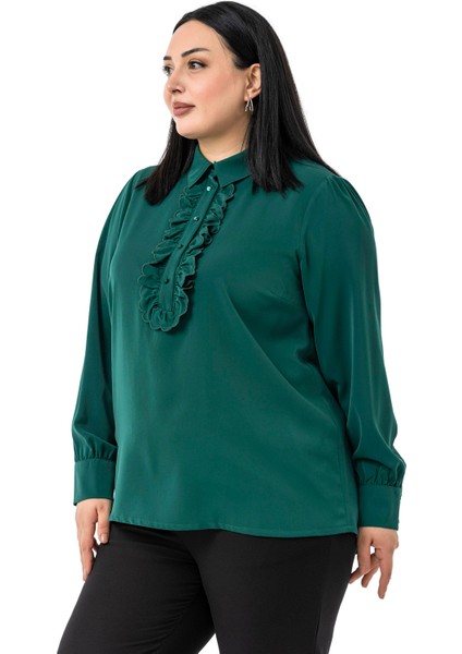 Büyük Beden Önü Fırfır Detaylı Gömlek Yaka Manşetli Zümrüt Yeşili Gömlek indirimleri