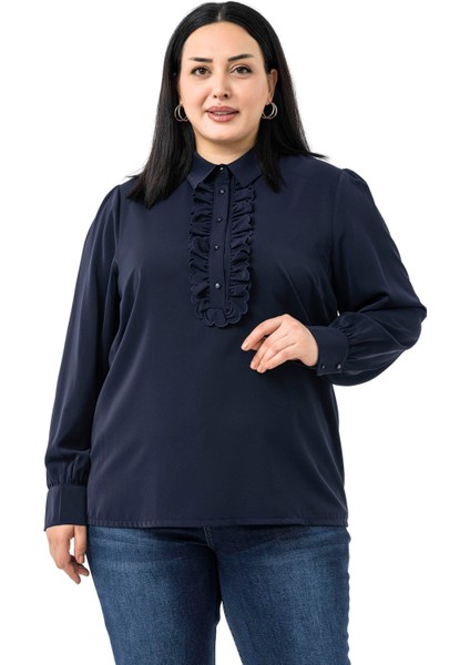 Büyük Beden Önü Fırfır Detaylı Gömlek Yaka Manşetli Lacivert Gömlek