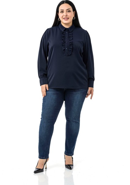 Büyük Beden Önü Fırfır Detaylı Gömlek Yaka Manşetli Lacivert Gömlek fiyatları