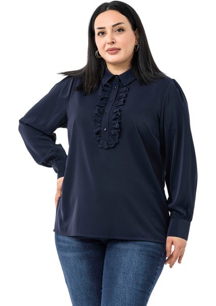 Büyük Beden Önü Fırfır Detaylı Gömlek Yaka Manşetli Lacivert Gömlek fırsatları