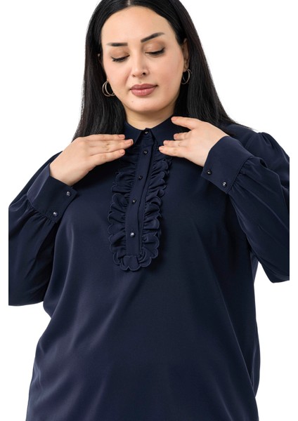 Büyük Beden Önü Fırfır Detaylı Gömlek Yaka Manşetli Lacivert Gömlek indirimleri