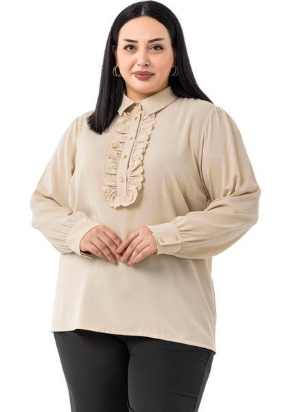 Büyük Beden Önü Fırfır Detaylı Gömlek Yaka Manşetli Bej Rengi Gömlek