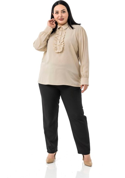 Büyük Beden Önü Fırfır Detaylı Gömlek Yaka Manşetli Bej Rengi Gömlek fiyatları