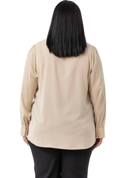 Büyük Beden Önü Fırfır Detaylı Gömlek Yaka Manşetli Bej Rengi Gömlek modelleri