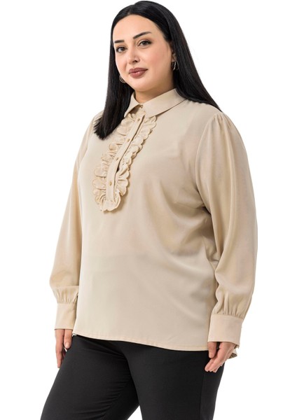 Büyük Beden Önü Fırfır Detaylı Gömlek Yaka Manşetli Bej Rengi Gömlek fırsatları