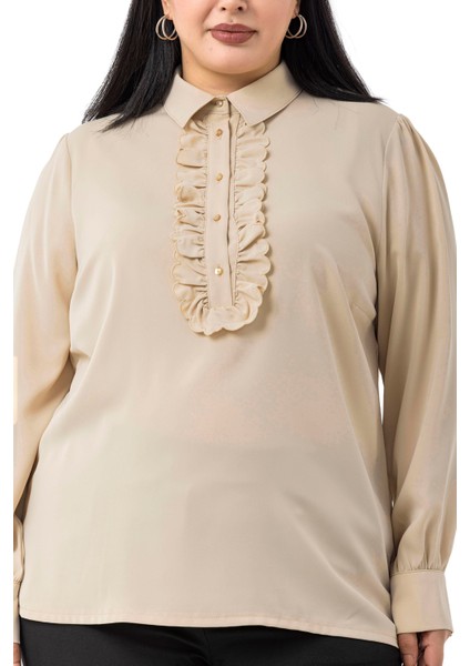 Büyük Beden Önü Fırfır Detaylı Gömlek Yaka Manşetli Bej Rengi Gömlek indirimleri