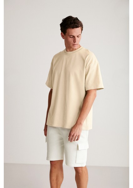 Erkek Krem Oversize Bisiklet Yaka %100 Organik Pamuk Düz Basic Yazlık T-Shirt