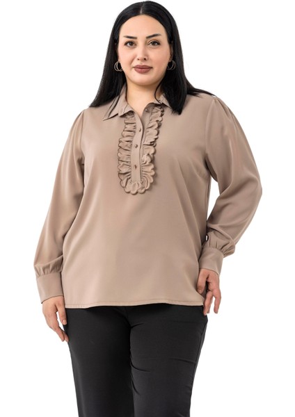 Büyük Beden Önü Fırfır Detaylı Gömlek Yaka Manşetli Vizon Gömlek