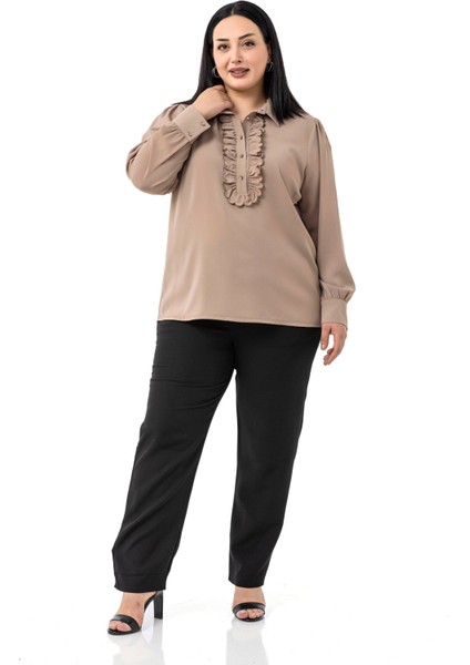 Büyük Beden Önü Fırfır Detaylı Gömlek Yaka Manşetli Vizon Gömlek fiyatları