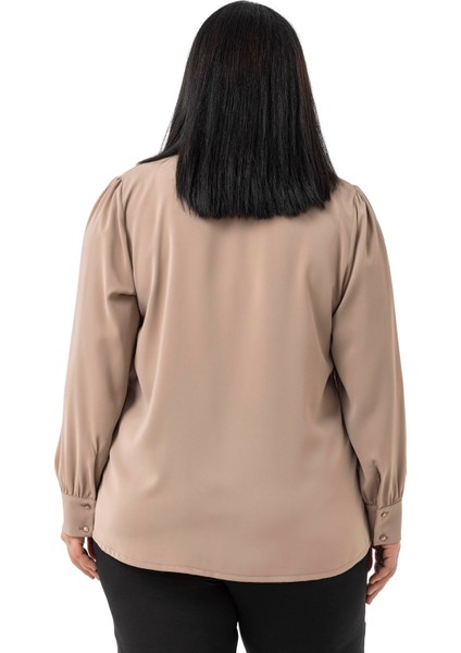 Büyük Beden Önü Fırfır Detaylı Gömlek Yaka Manşetli Vizon Gömlek modelleri