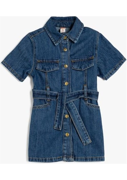 Kot Elbise Gömlek Yaka Kısa Kollu Düğme Detaylı Kemerli Pamuklu