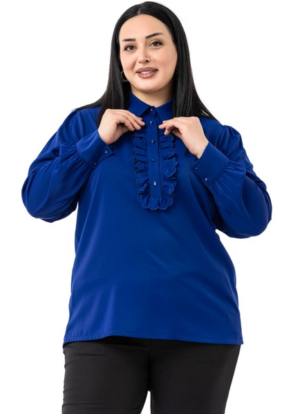 Büyük Beden Önü Fırfır Detaylı Gömlek Yaka Manşetli Saks Mavi Gömlek
