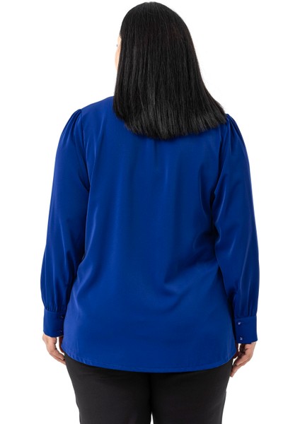 Büyük Beden Önü Fırfır Detaylı Gömlek Yaka Manşetli Saks Mavi Gömlek modelleri