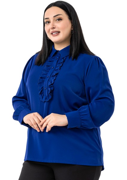 Büyük Beden Önü Fırfır Detaylı Gömlek Yaka Manşetli Saks Mavi Gömlek fırsatları