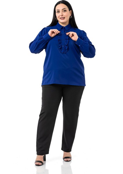 Büyük Beden Önü Fırfır Detaylı Gömlek Yaka Manşetli Saks Mavi Gömlek indirimleri