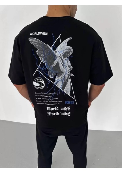 Unisex Bisiklet Yaka Baskılı Oversize T-Shirt - Siyah fiyatları